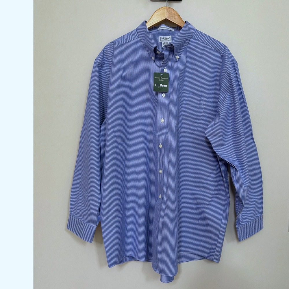 L.L.Bean Mens Dress Shirt Wrinkle-Resistant 100% Cotton 18-34 Blue Stripe Office